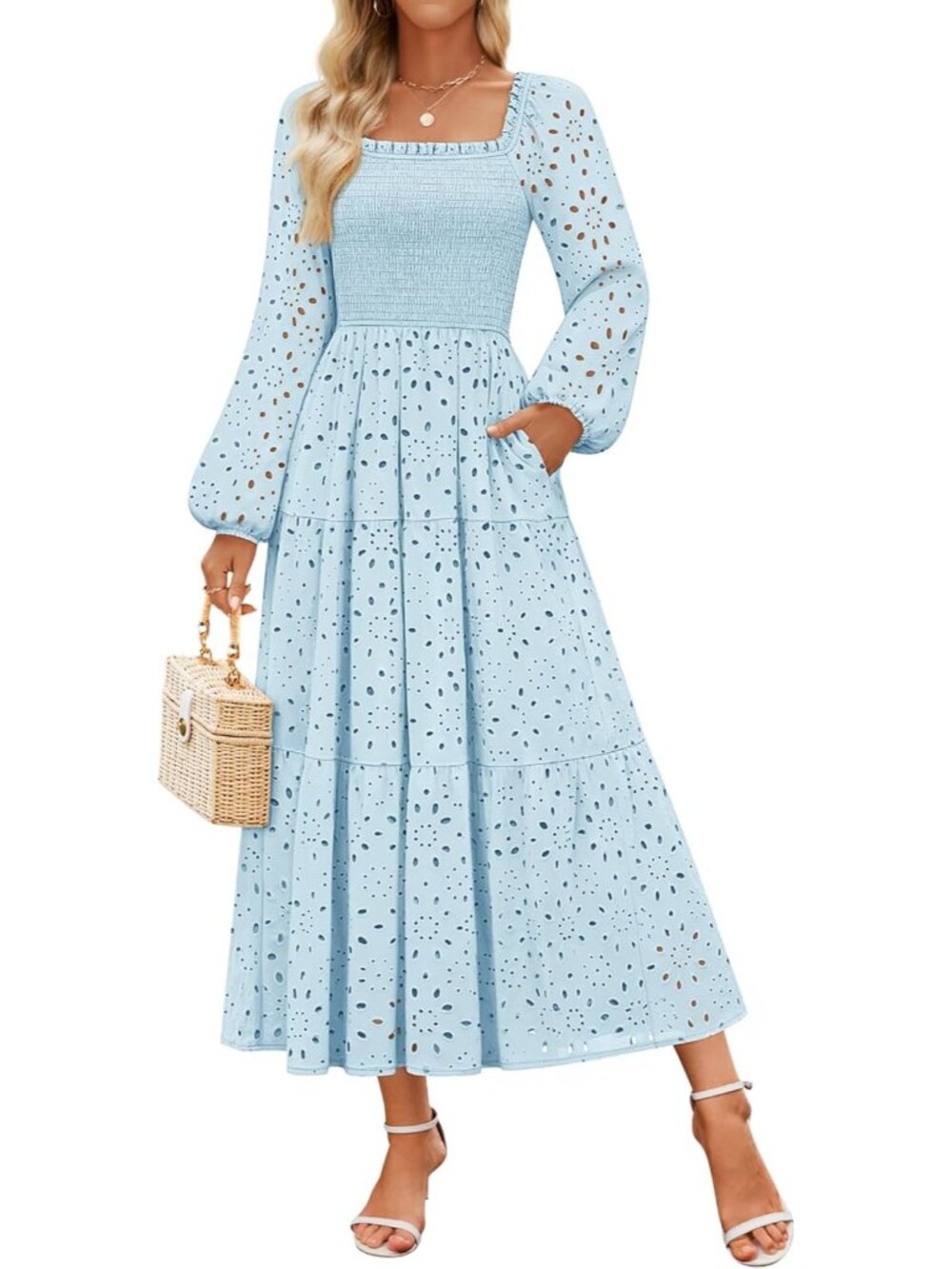 🆕Women's Light Blue Long Sleeve Square Neck LINE Mid Waist Pockets Maxi Dress